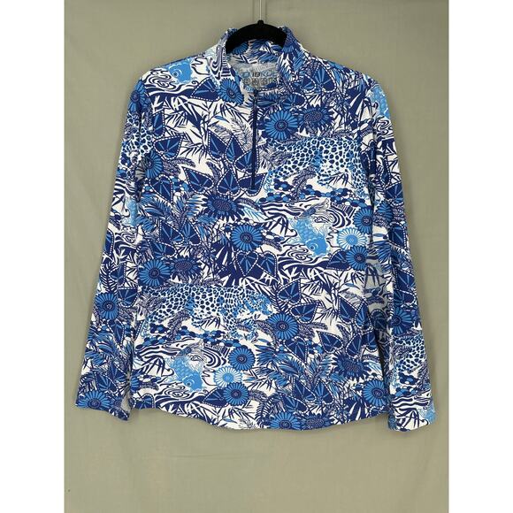 Ibkul Top Large Blue Floral Sun Shirt Icifil Vented Mesh Zip Long Sleeve UPF 50 - Picture 1 of 6